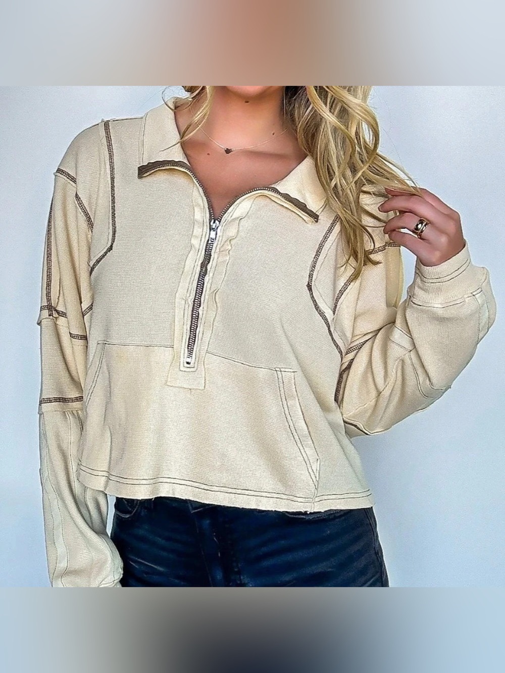 POL Cream with Brown Stitching Quarter Zip Oversized Pullover - Size S NWT
